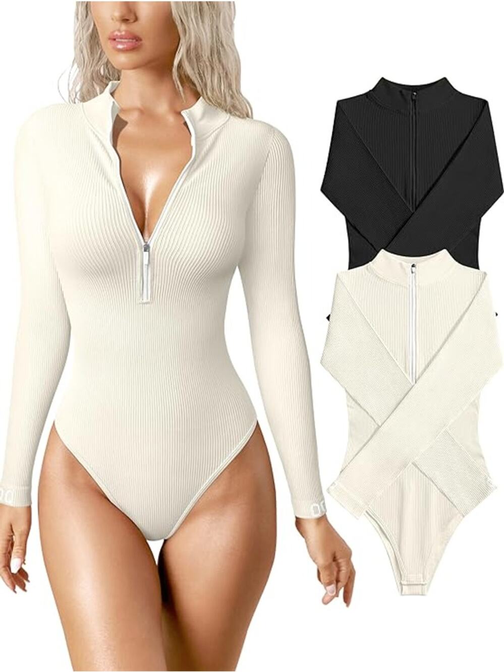 OQQ Ladies 2 Pk. Ivory & Black Quarter Zip Long Sleeve Mock Neck Bodysuit